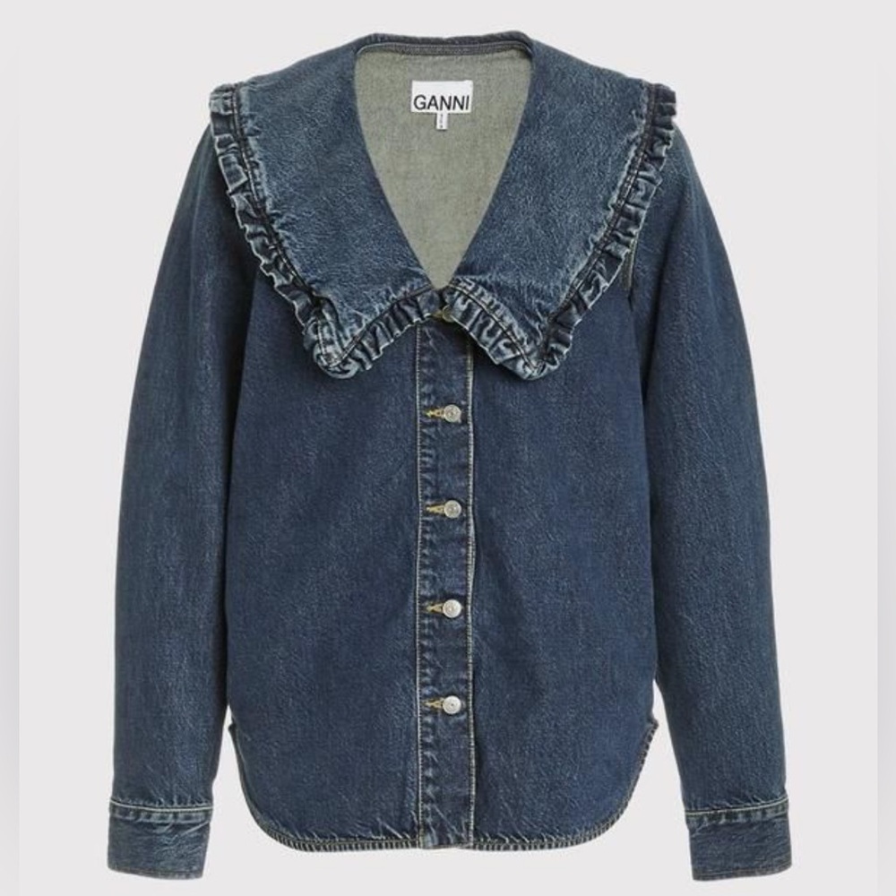 Ganni Blue Denim Ruffle Top